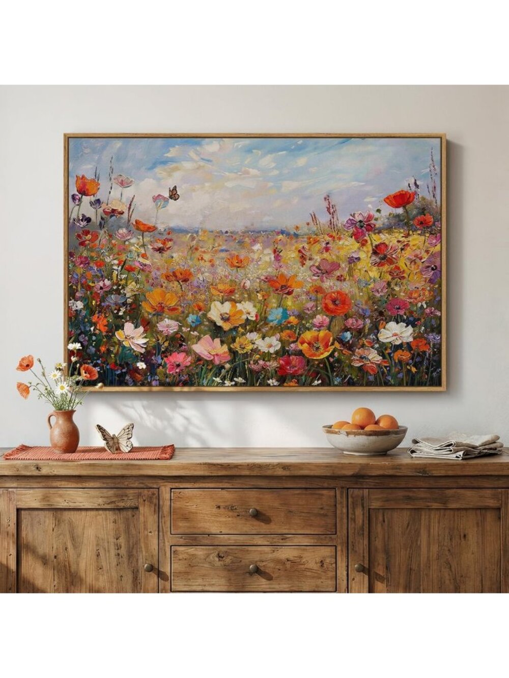 Vibrant Floral Landscape Framed Wall Art for Living Room Decor, 24x36 Inch